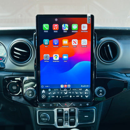 Smartphone mounted on a car dashboard displaying app icons.
